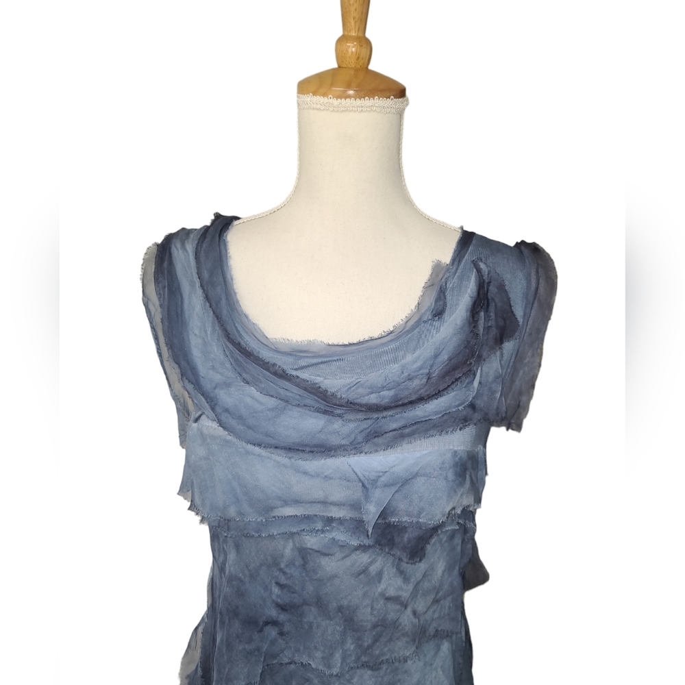 ITALIAN ELISA SILK DRESS WOMESLNS ONE SIZE 17IN PTP BLUE TIERED LAYED LINED KNEE - Picture 4 of 15